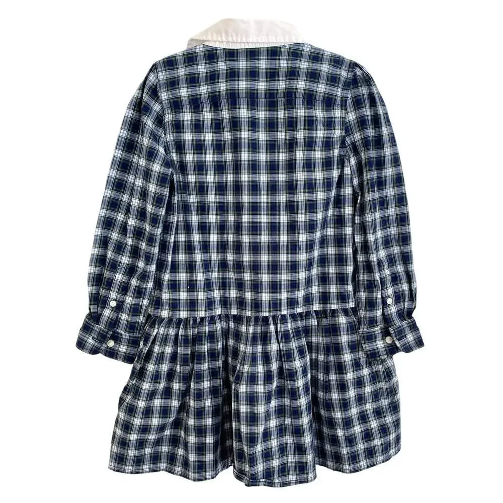 POLO Ralph Lauren Girls Navy Blue Green Plaid Stretch Poplin Shirt Button Dress